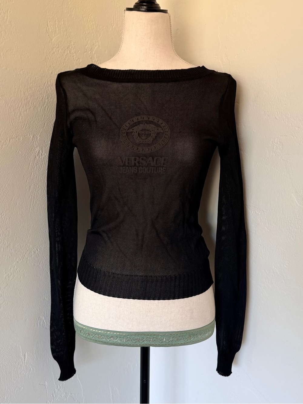Vintage Versace Black Sheer Mesh Knit Long Sleeve Sweater Top Medusa Head [XS]